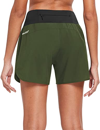 BALEAF Women's Running Shorts 5 inch with Liner Quick Dry Wide Waistband Athletic Gym Shorts Zipper Pocket Army Green Size M