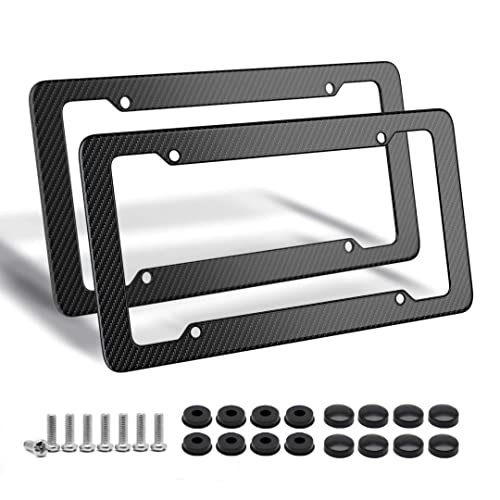 Black Carbon Fiber License Plate Frame, 2 Pack Glossy & Waterproof Plastic Number Plate Frame Print Carbon Fiber Pattern for Man and Women (with Fasteners and Screws).