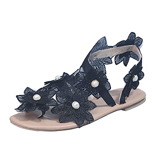 Summer Roman Flat Sandals for Women Open Toe Elastic Ankle Strap Slip on Comfy Flats Sandal Casual Wear Beach Shoes Large Size Black_09, 6.5-7