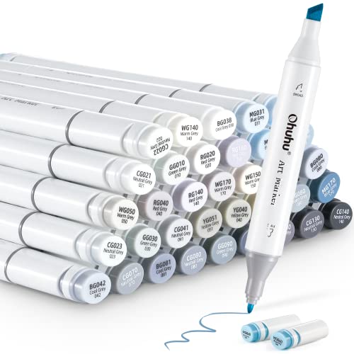 Ohuhu Alcohol Markers Gray Tone- Double Tipped Alcohol Based Art Marker Set for Artist Adults Coloring Shading Layering- 36 Grayscale Colors- Chisel & Fine- Oahu of Ohuhu Markers- Refillable