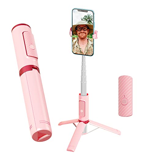 COLORLIZARD Selfie Stick Tripod, Foldable Cellphone Tripod with Remote, Travel Tripod for iPhone Series Android, Video Recording - Pink