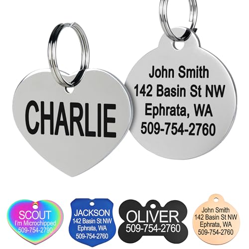 GoTags Stainless Steel Pet ID Tags, Personalized Dog Tags and Cat Tags, up to 8 Lines of Custom Text, Engraved on Both Sides, in Bone, Round, Heart, Bow Tie and More