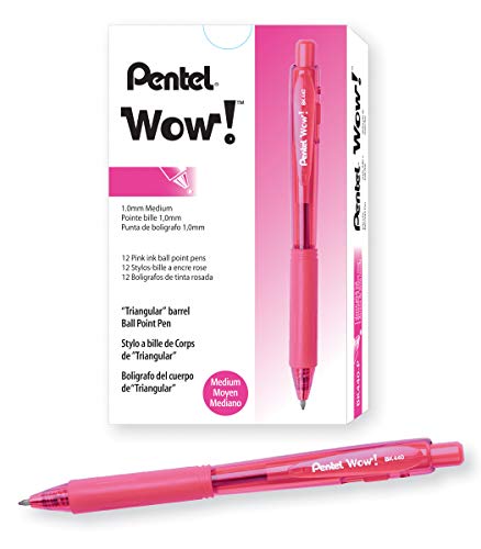 Pentel Wow! Retractable Ballpoint Pens, (1.0mm), Medium Line, Pink Ink, Box of 12 (BK440-P)