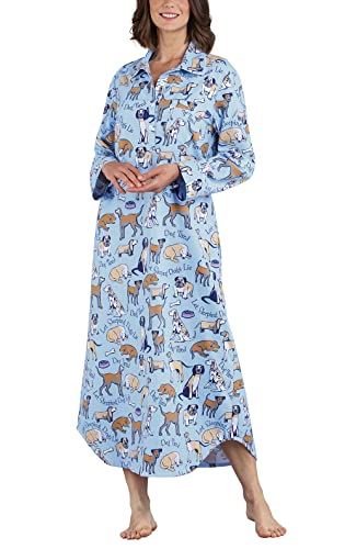 PajamaGram Women's Cotton Flannel Nightgown - Long Nightgown, Blue, L, 12-14