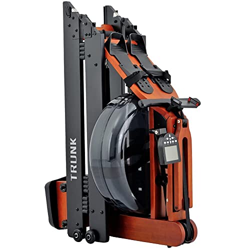 TRUNK Foldable Water Rowing Machine for Home Fitness, Classic Wood Rower Machine with Bluetooth Monitor for Cardio Training Whole Body Exercise (Included an Dust Cover and Phone Holder)