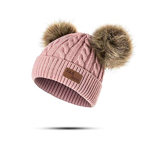 Infant Toddler Beanie Woolen Hat Pure Color Winter Twist Double Pom Pom Wool Knitted Cap for 0-3 Years Old (D- Pink, 0-3 Years Old)