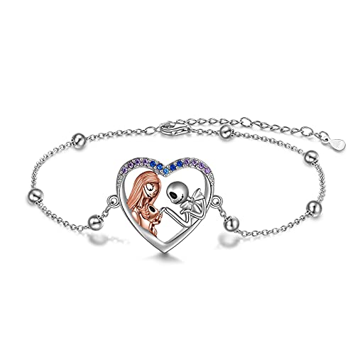 ONEFINITY Jack and Sally Adjustable Chain Bracelet Sterling Silver Nightmare Charm Bracelets Christmas Halloween Jewelry Gifts for Women Girlfriend