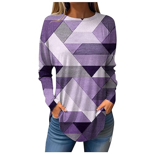 Womens Plus Size Tops Round Neck Loose Sweatshirt Long Sleeve T Shirts Casual Blouse Floral Printing Fall Pullover Womens Tshirts Cotton Loose Fit（4-Light Purple,3X-Large）