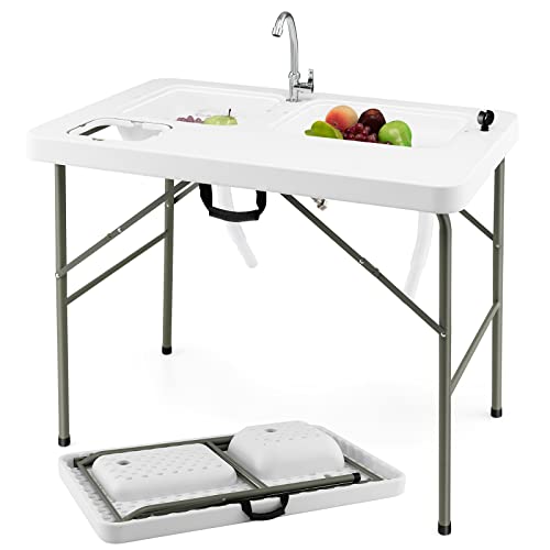 Goplus Folding Fish Cleaning Table with Dual Water Basins, Heavy Duty Fillet Table with Hose Hook Up, Sink and Faucet, Portable Outdoor Camping Sink Station for Dock Beach Patio Picnic, 40''