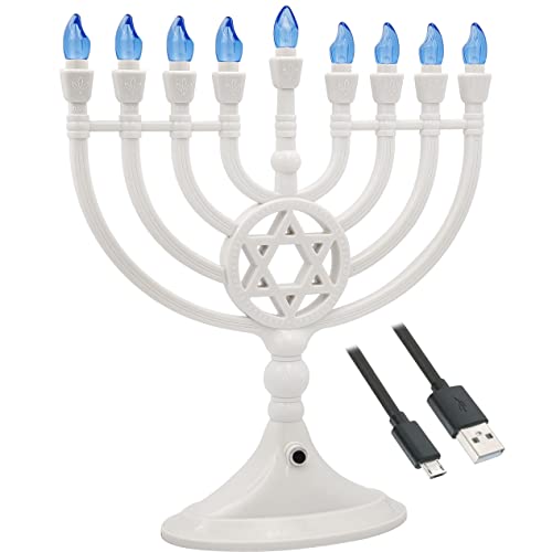 Traditional LED Electric White Hanukkah Menorah - Battery or USB Powered - Includes a Micro USB 4' Charging Cable