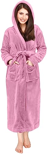 NY Threads Womens Fleece Hooded Bath Robe - Plush Long Robe, Pink, Medium
