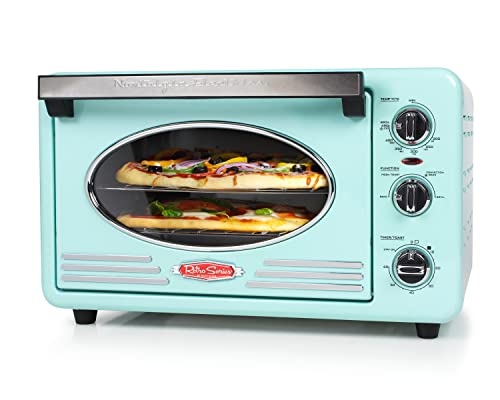 Nostalgia Large-Capacity 0.7-Cu. Ft. Capacity Multi-Functioning Retro Convection Toaster Oven, Fits 12 Slices of Bread and Two 12-Inch Pizzas, Built In Timer, Includes Baking Pan, Aqua