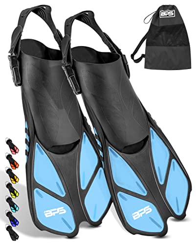 BPS Short Adjustable Swim Fins - Open-Toe and Open-Heel Design - for Diving, Snorkeling, Scuba Diving - Swim Flippers for Kids and Adults - Unisex - Comes with Bag for Storage (Aqua Blue - L/XL)