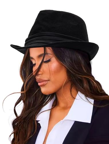 Unisex Classic Manhattan-Gangster-Fedora-Hat Short-Brim Trilby Hat - Women Men Wool Felt Winter Structured Hat with Band