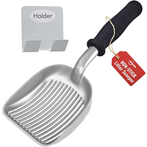 iPrimio Monster Cat Litter Scoop with Easy Grip Soft Foam Handle for Sore Hands - Fast Sifter/Deep Shovel. Patented Metal Cat Litter Scooper - Kitty Litter Box Accessory - Large Polished Aluminum