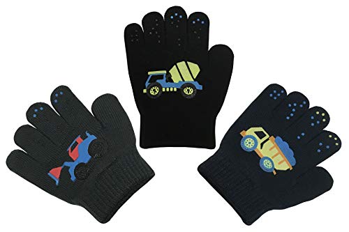 N'Ice Caps Boys Magic Stretch Gloves 3 Pair Pack Assortment (3-5 Years, Trucks - Navy/Charcoal/Black)