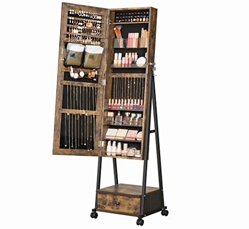 SONGMICS Jewelry Cabinet Floor Standing, Lockable Jewelry Organizer with High Full-Length Mirror, Bottom Drawer, Shelf, Wheels, Jewelry Armoire, Gift Idea, Christmas Gifts, Rustic Brown and Black