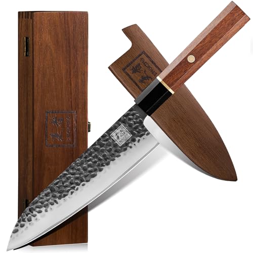 ENOKING Japanese Chef Knife, 8 Inch Professional Kitchen Knife 5 Layer 9CR18MOV Clad Steel for Meat Cutting, Super Sharp Gyuto Knife with Ebony Bolster African Rosewood Handle with Gift Wooden Box