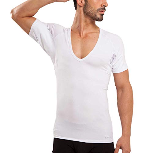 Sweatproof Undershirt Mens Cotton Deep V w Sweat Pads, Silver Treated to Fight Embarrassing Body Odor & Yellow Armpit Stains, Aluminum Free Alternative to Antiperspirant, Regular Fit (XL, White)