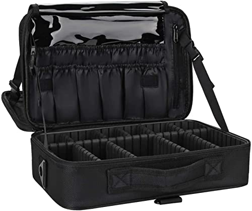 MONSTINA Travel Makeup Train Case,13.8 inches Large Cosmetic Case,Makeup Brush Holder Organizer and Storage with Adjustable Dividers and Shoulder Strap (Black)