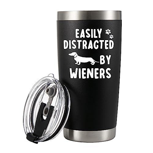 Panvola Easily Distracted By Wieners Tumbler Dachshund Dog Lover Gifts Stainless Steel Vacuum Insulated Tumblers 20 oz Black With Lid And Straw