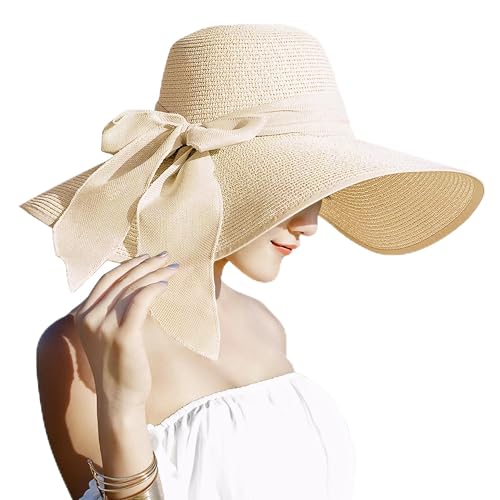 Lanzom Womens Big Bowknot Straw Hat Floppy Foldable Roll up Beach Cap Sun Hat UPF 50+ (Beige, One Size)