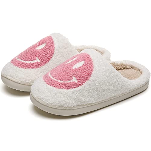 PLMOKN Smile Face Retro Soft Plush Lightweight House Slip-on Cozy Indoor Outdoor Slippers, Anti-Skid Sole White+pink-6-7Women/5-6Men