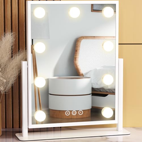 Vanity Mirror with Lights, Lighted Makeup Mirror Hollywood Vanity Mirror with 9 Dimmable Bulbs and 3 Color Lighting Modes, Smart Touch Control, 360°Rotation