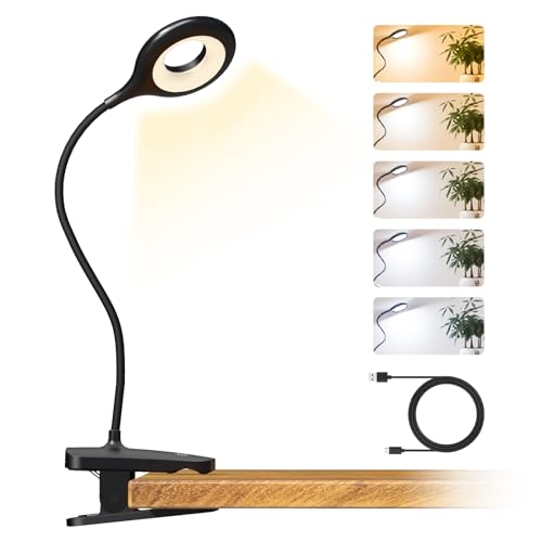 CUHIOY Clip on Reading Light for Bed Headboard, 5 Colors 5 Brightness Desk Lamp with Strong Clamp, USB-C Rechargeable Gooseneck Night Light for Kids Bunk Bed Shelf, Perfect for Reading & Working