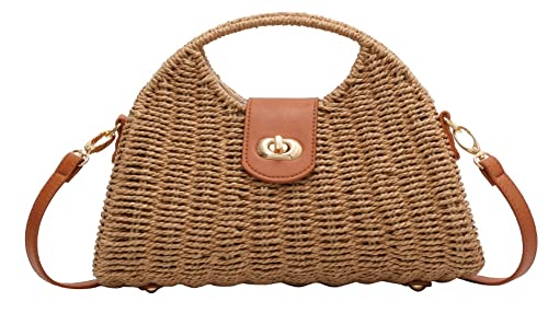 Summer Straw Bag for Women Straw Hand-woven Top-handle Handbag Crossbody Tote Clutch Bags for Travel Khaki Medium