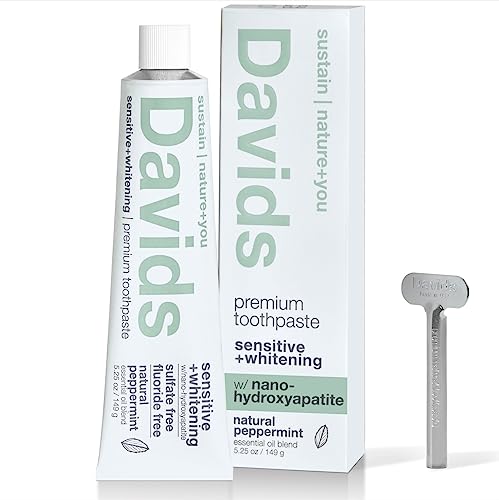 Davids Fluoride Free Nano Hydroxyapatite Toothpaste for Remineralizing Enamel & Sensitive Relief, Whitening, Antiplaque, SLS Free, Natural Peppermint, 5.25oz, Made in USA