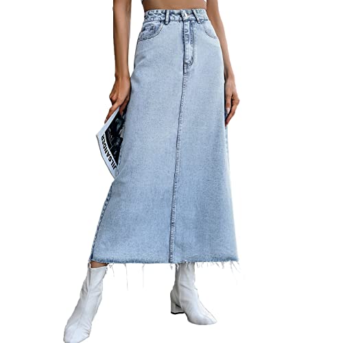 Viatabuna Denim Skirts for Women Midi Length High Waist Frayed Hem A line Long Jean Skirt with Pockets