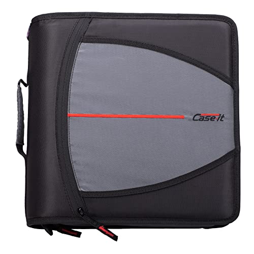 Case-it Mighty Zip Tab Zipper Binder, 3' O-Ring with 5-Color tabs, Expanding File Folder and Shoulder Strap and Handle, D-146- Jet Black