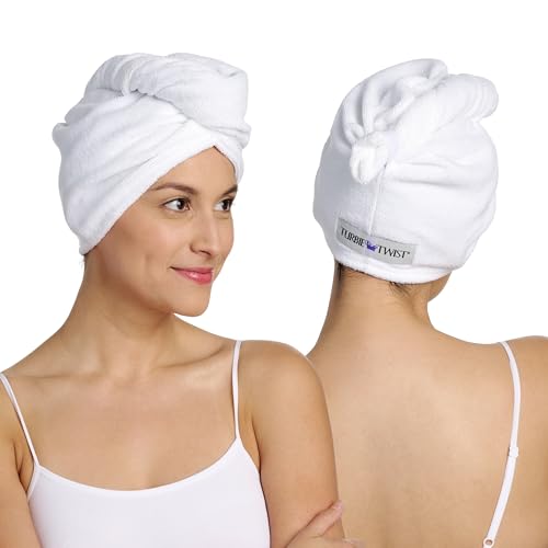 Turbie Twist Microfiber Hair Towel Wrap for Women and Men | 2 Pack | Bathroom Essential Accessories | Quick Dry Hair Turban for Drying Curly, Long & Thick Hair (White, White)