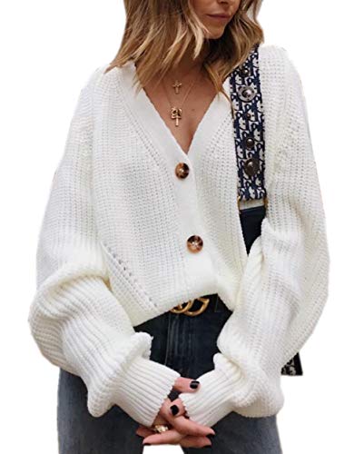 Asskdan Women's V Neckline Button Down Knitwear Lantern Sleeve Basic Knit Cardigan Sweater Tops (White, Small)