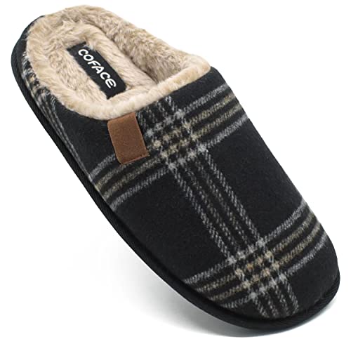 COFACE Mens Black Flano Plaid Cozy Memory Foam scuff Slippers Slip On Warm House Shoes Indoor/Outdoor With Best Arch Support Size 11