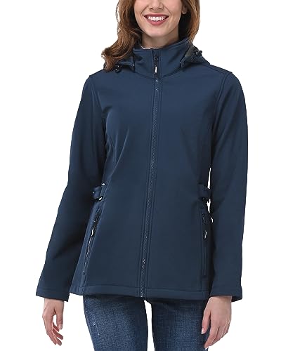 Outdoor Ventures Women's Softshell Jacket with Removable Hood, Insulated Windbreaker Waterproof Warm Fleece Lined Coat