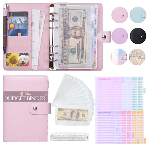 Budget Binder With Zipper Envelopes - A6 Budget Binder Wallet, Bulk Cash Envelope & Budget Planner Expense Sheets, Money saving binder Budget Book, Money binder, organizer & cash stuffing-Pink Leather