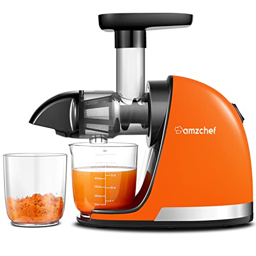 Slow Juicer,AMZCHEF Masticating Juicer Machines with Reverse Function, Cold Press Juicer with Brush, Recipes for High Nutrient Fruits and Vegetables, Orange(Updated)
