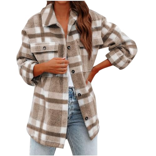 warehouse amazon warehouse deals clearance Flannel Plaid Shacket for Women Winter Tartan Jacket Long Sleeve Turn-down Collar Suit Cardigan Woolen Coat Tops hooded shacket Khaki S