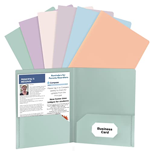 HABGP 6 Pack Colored File Folders with Pockets and Business Card Holder, Pastel Decorative Pocket Folders for Documents, Cute Plastic Folders for Filing Cabinet, School, Office, Resume Portfolio