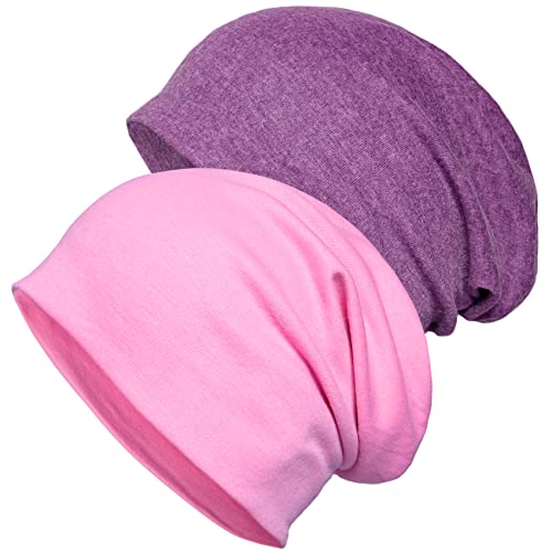 Senker Fashion 2 Pack Cotton Slouchy Beanie Hats, Chemo Headwear Caps for Women and Men, E-Pink/Purple
