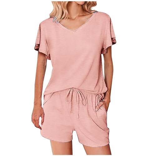 Xiaojmake Womens Pajama Sets Ruffle Short Sleeve V Neck Tee Top and Elastic Short Loose Fit Sleepwear Soft Comfy Lounge Sets Pink