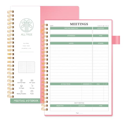 Meeting Notebook for Work, Project Planner Notebook with Action Items, Project Management Planner, ALLTREE Meeting Notes Notebook for Work, Track Attendees, Agenda and Notes, Pink，5.5'x8.5'