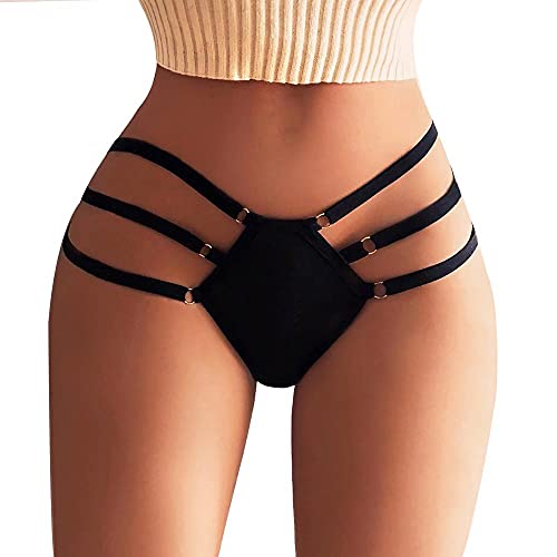 Women Stappy Brief High Waisted Thong Lingerie Lace Underwear Hollow Out Panty Black