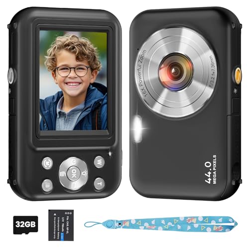 Digital Camera, Kids Camera with 32GB Card, FHD 1080P 44MP Vlogging Camera, 16X Zoom Point and Shoot Digital Camera Compact Portable Rechargeable Cameras for Teens Boys Girls Students Seniors