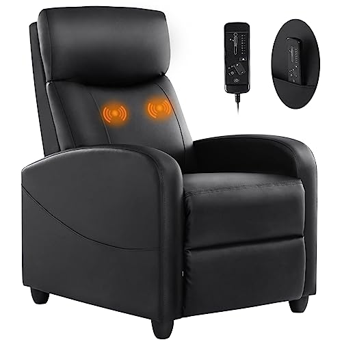 Recliner Chair for Living Room, PU Leather Massage Recliner Chair Winback Single Sofa Home Theater Chairs Adjustable Modern Reclining Chair with Padded Seat Backrest for Adults（Deep Black）