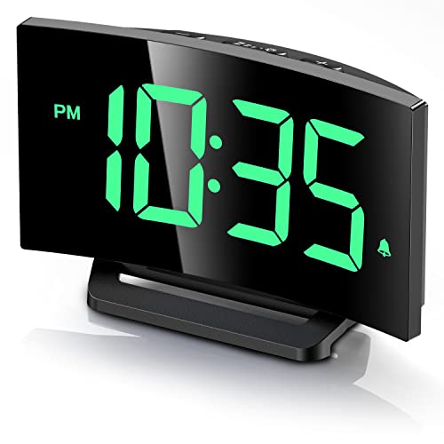 GOLOZA Digital Alarm Clock for Bedroom, Digital Clock with Modern Curved Design, Conspicuous LED Numbers, 5 Levels Brightness+Off, 2 Volume, 3 Alarm Tones, Snooze, Power-Off Memory, 12/24H