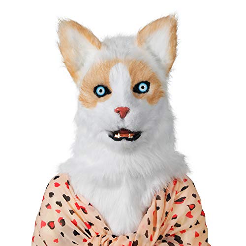 ifkoo Realistic Mouth Mover Cat Mask for Halloween Party Costume Plush Moving Mouth Jaw Fursuit head Animal Mask Adult (Cat) White