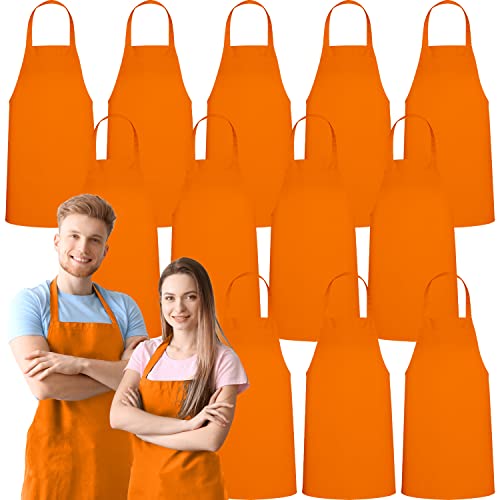 GREEN LIFESTYLE 12 Pack Bib Apron - Unisex Apron Bulk Machine Washable for Kitchen Crafting BBQ Drawing Outdoors (Pack of 12, Orange)